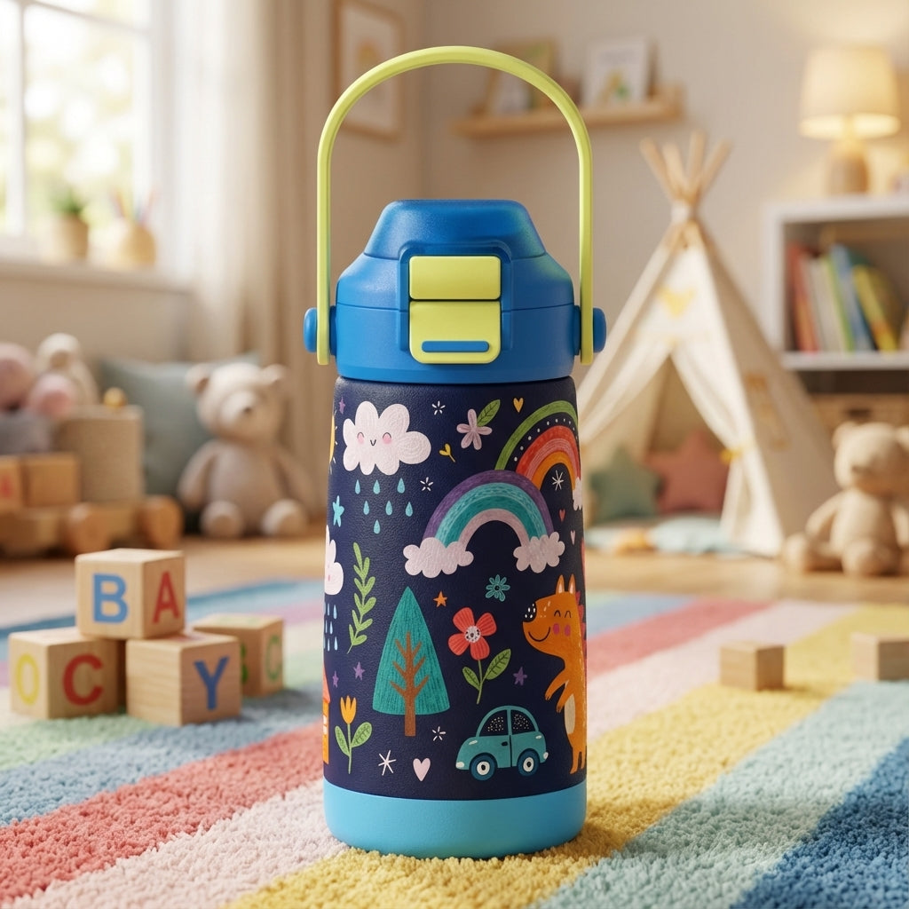 Navy blue LAMOSE Goose 14oz kids water bottle featuring illustrations of rainbows, smiling clouds, dinosaurs, and cars with a light blue lid and pale yellow-green handle