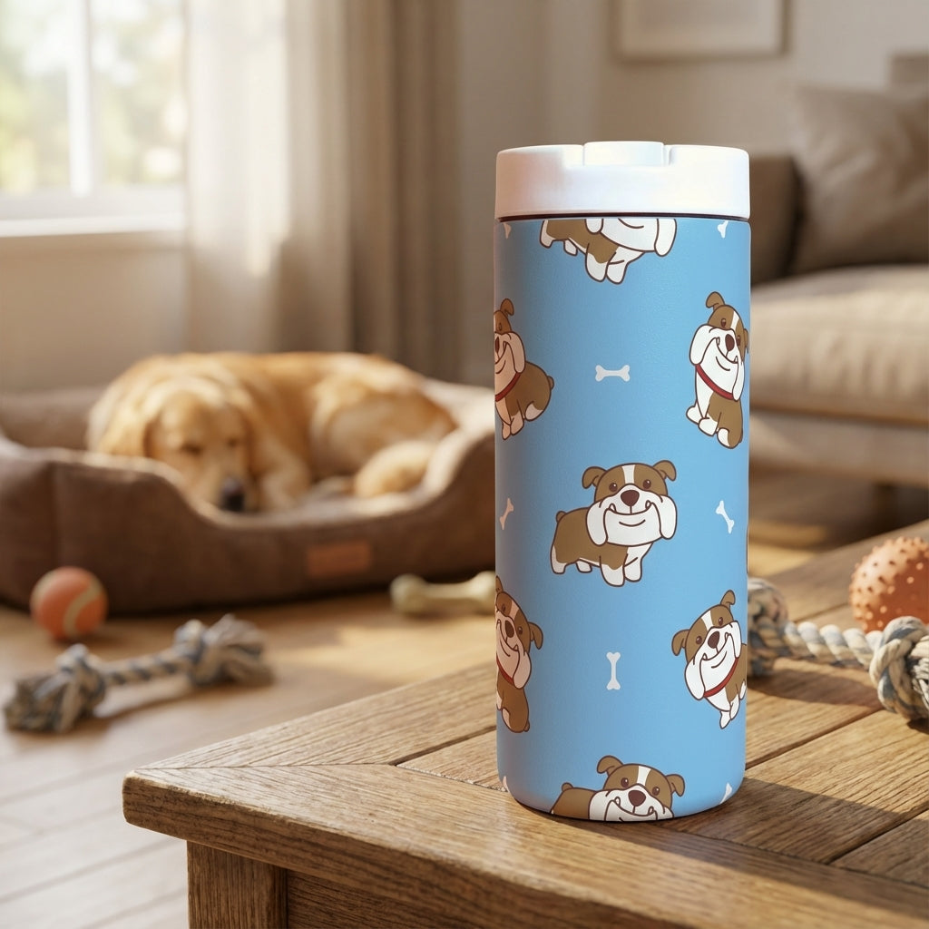 LAMOSE Grouse 12 oz tumbler in powder blue featuring a cartoon bulldog and bone pattern, white leakproof lid.