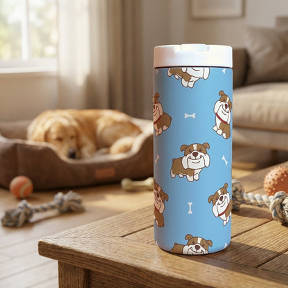 LAMOSE Grouse 12 oz tumbler in powder blue featuring a cartoon bulldog and bone pattern, white leakproof lid.