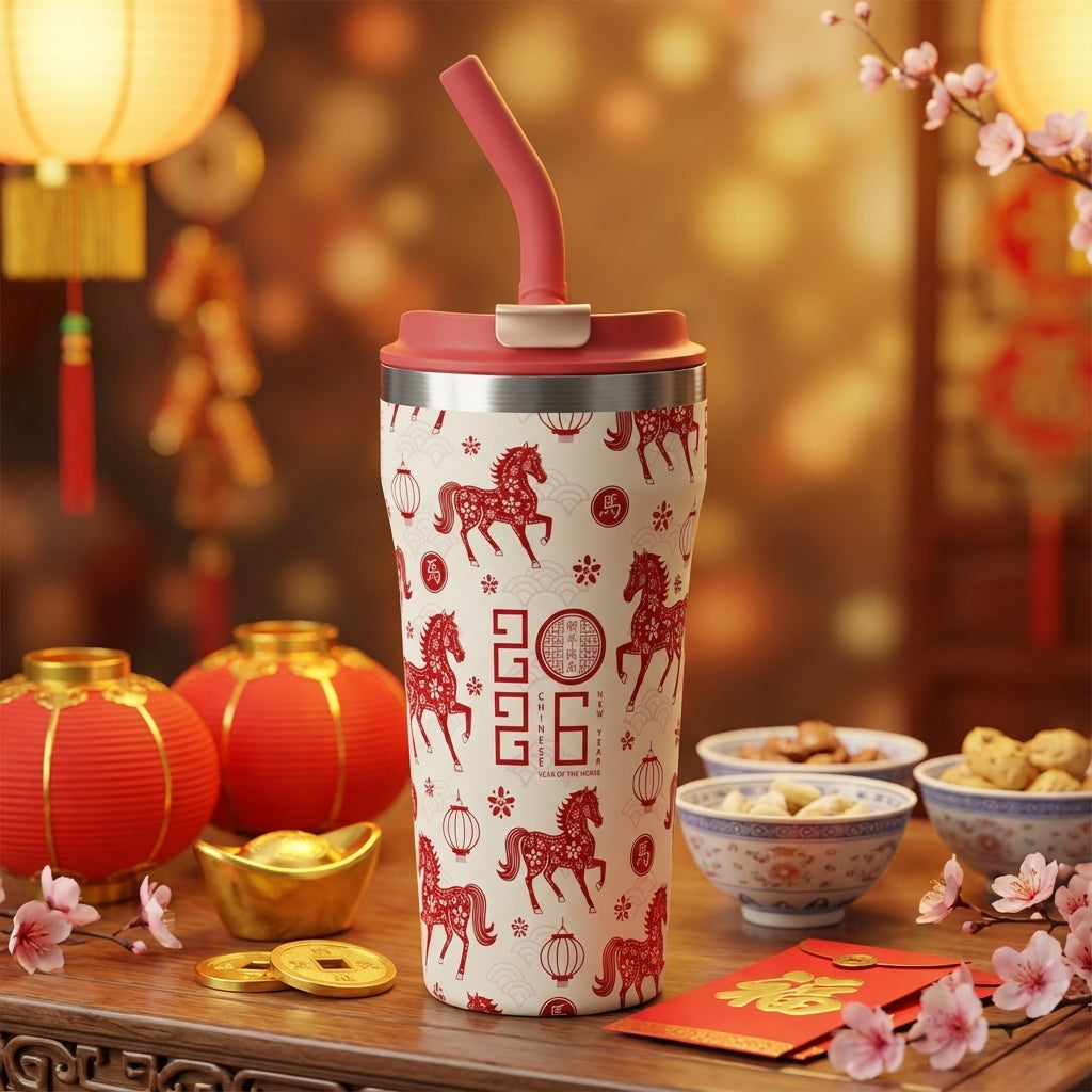 LAMOSE Bow 16 oz tumbler featuring 2026 Year of the Horse design with red lanterns, stylized horses, and gold ingots on a cream background with red straw.