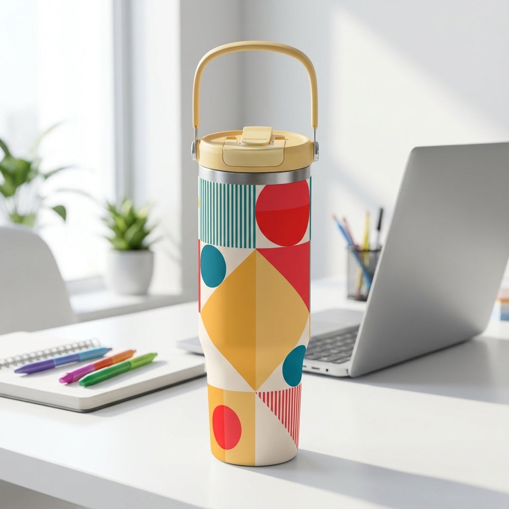 LAMOSE Cascade 40 oz stainless steel tumbler with yellow handle featuring red, teal, and yellow geometric shapes pattern on a creative desk workspace.