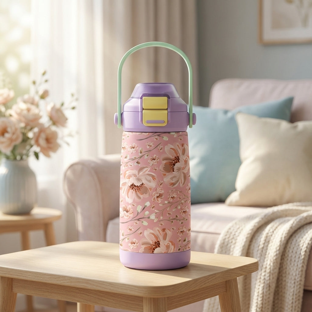 Close up of LAMOSE Goose 14oz kids water bottle featuring pastel lavender trim and pink floral middle section on a wooden table.