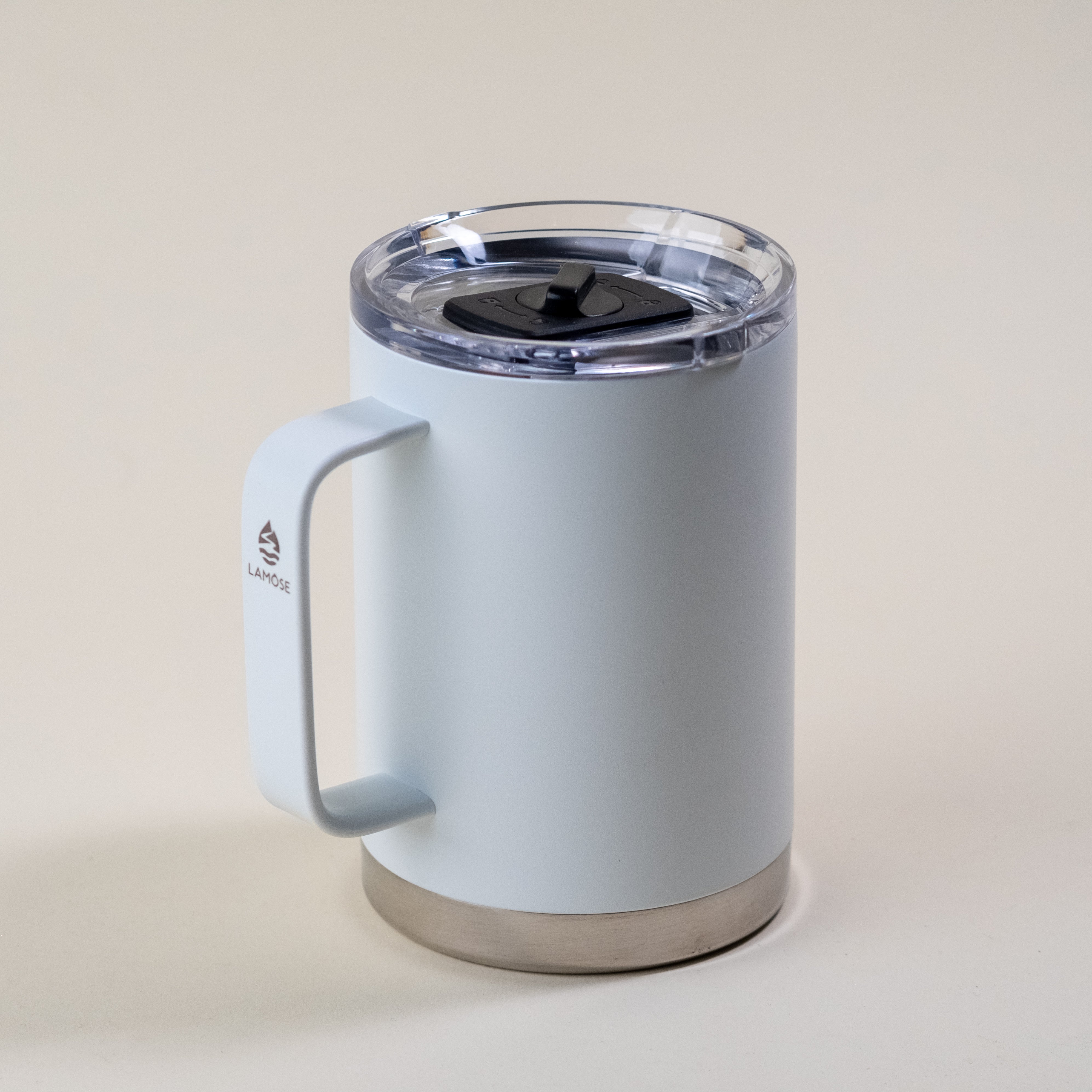 LAMOSE Hudson Pro Max 24oz insulated mug in snow white, stainless steel, front view. Features ergonomic handle and leakproof slider lid.
