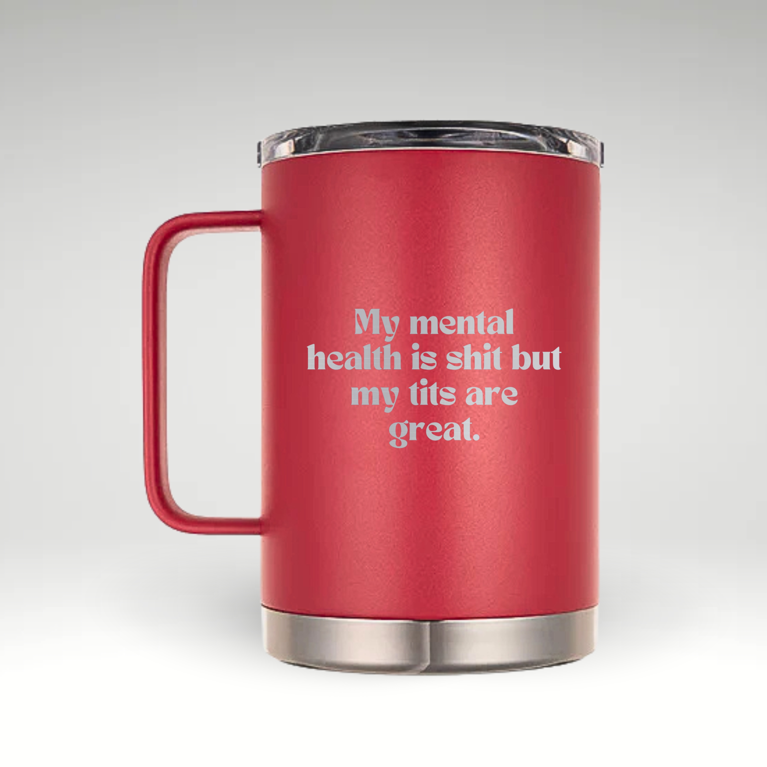 Humorous Mental Health & Body Positivity Insulated Mug Insulated white mug with bold black humorous text about mental health and body positivity. #color_viva-magenta