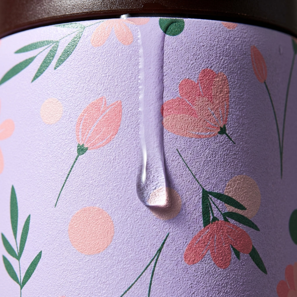 Detail shot - LAMOSE Grouse 12 oz tumbler in lavender with stylized pink floral pattern and brown leakproof lid sitting on a rustic table.