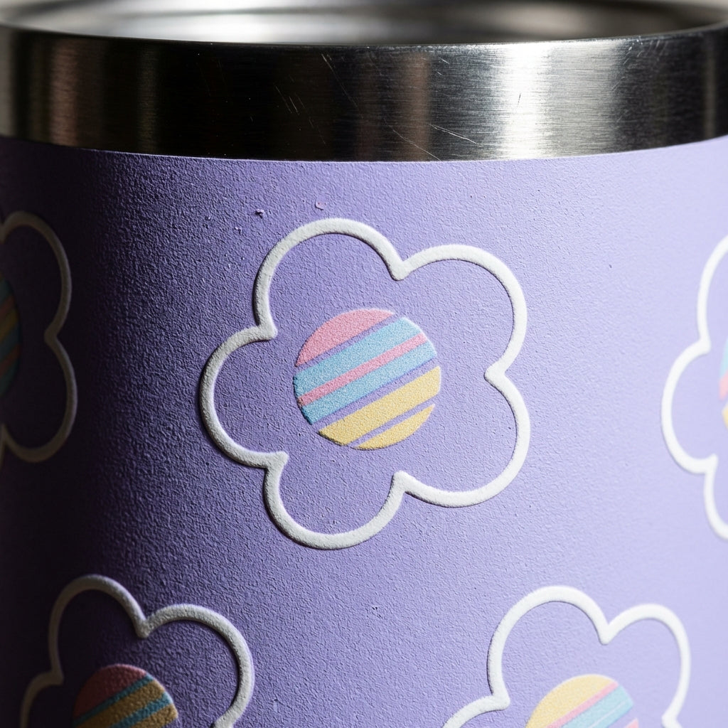 Detail shot - LAMOSE Grouse 12oz tumbler in lavender featuring white floral outlines with pink, blue, and yellow striped centers, sitting on a light wooden table with a dark brown lid.