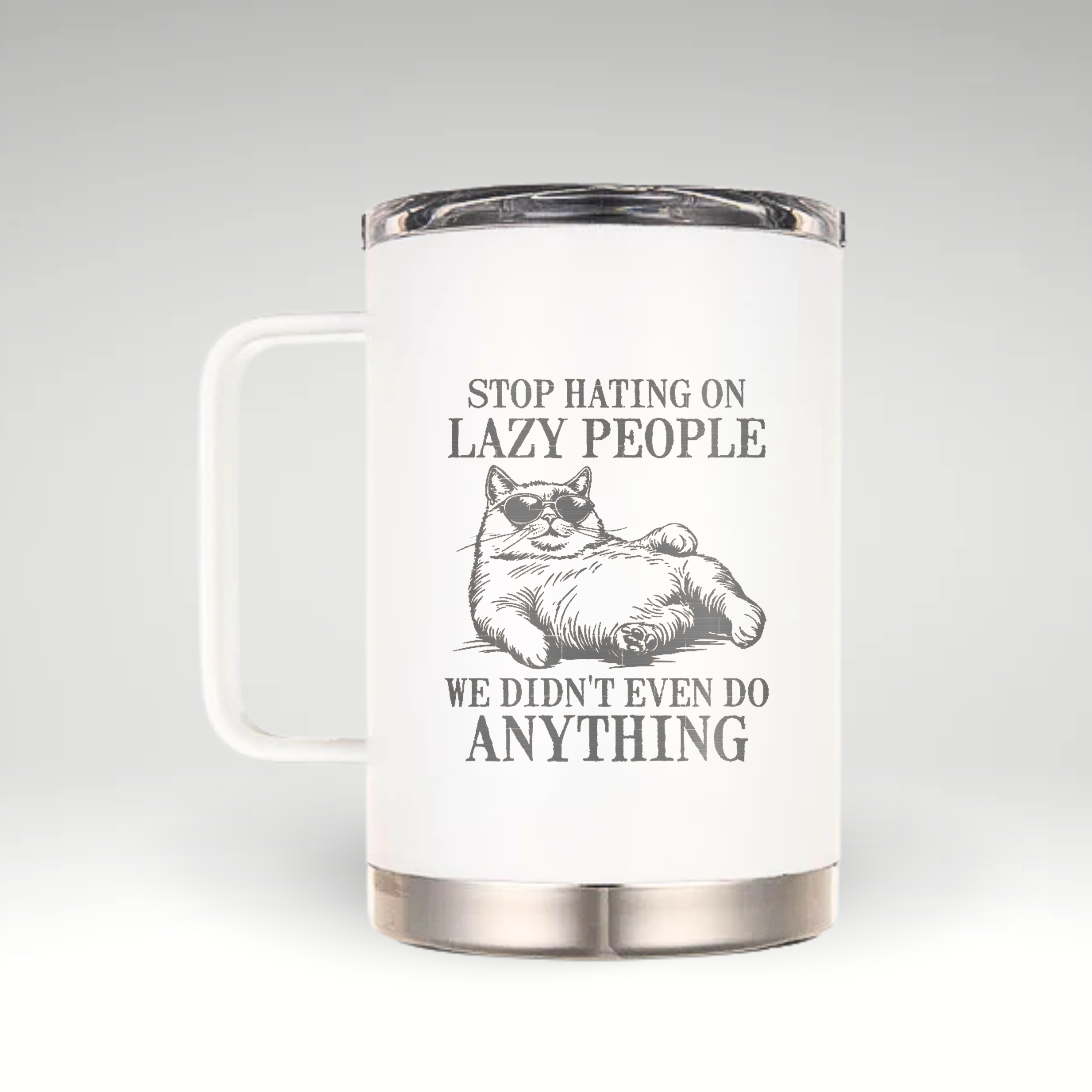 Relax in Style with the Lazy Legends Mug Lazy Legends insulated mug with a vintage illustration of a woman lounging in blue and humorous text. #color_snow