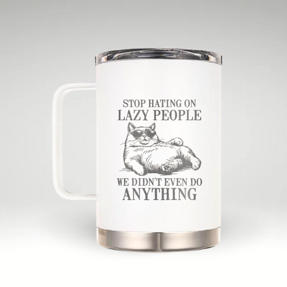 Relax in Style with the Lazy Legends Mug Lazy Legends insulated mug with a vintage illustration of a woman lounging in blue and humorous text. 