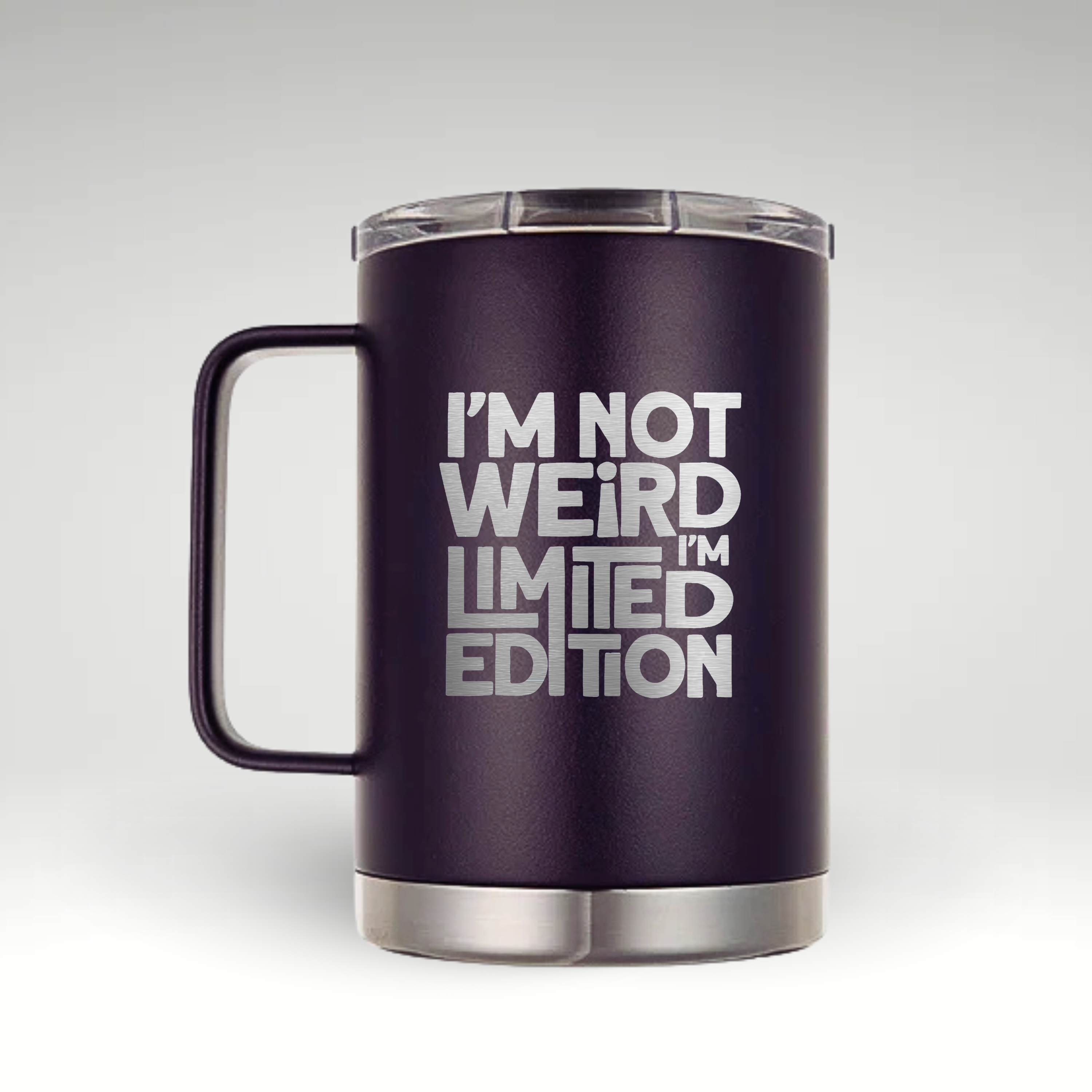 Embrace Your Uniqueness Insulated mug with I'M NOT WEIRD I'M LIMITED EDITION in bold black text. #color_nova-purple