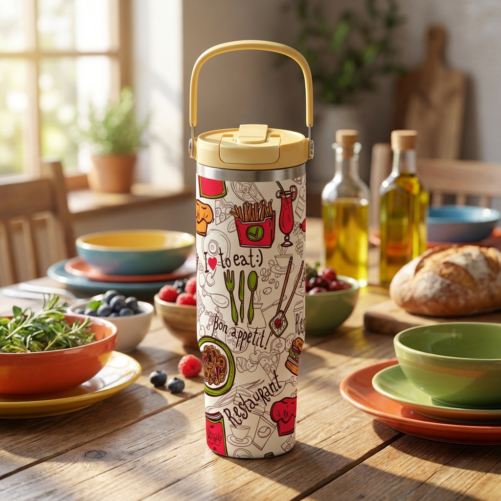Off-white Cascade 40 oz insulated tumbler featuring hand-drawn illustrations of burgers, pasta, and chef hats with a yellow flip lid and handle.