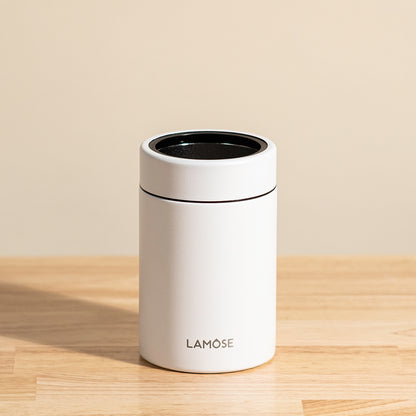 Logan 12 oz insulated tumbler in snow white, stainless steel travel cup with lid for hot and cold beverages