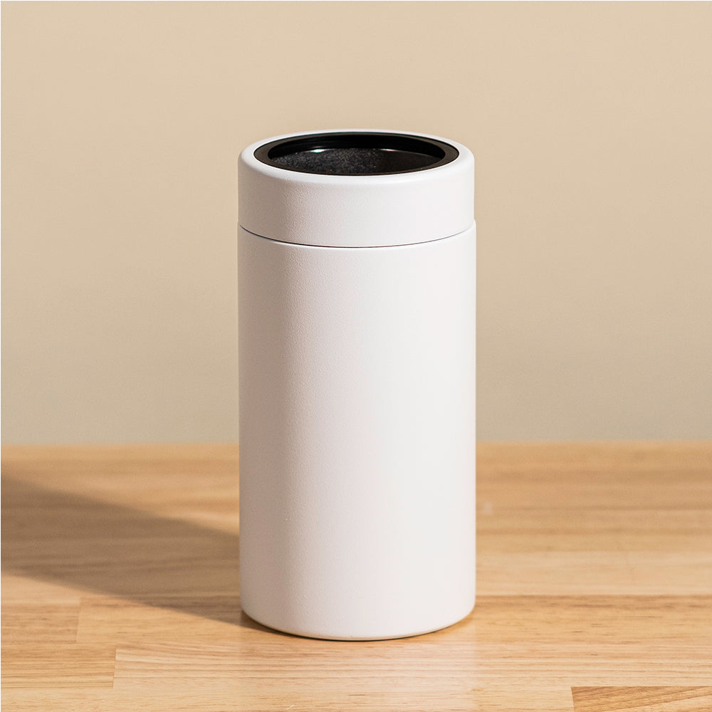 LAMOSE Logan 16 oz white matte stainless steel tumbler, front view, black rim detail visible at top.
