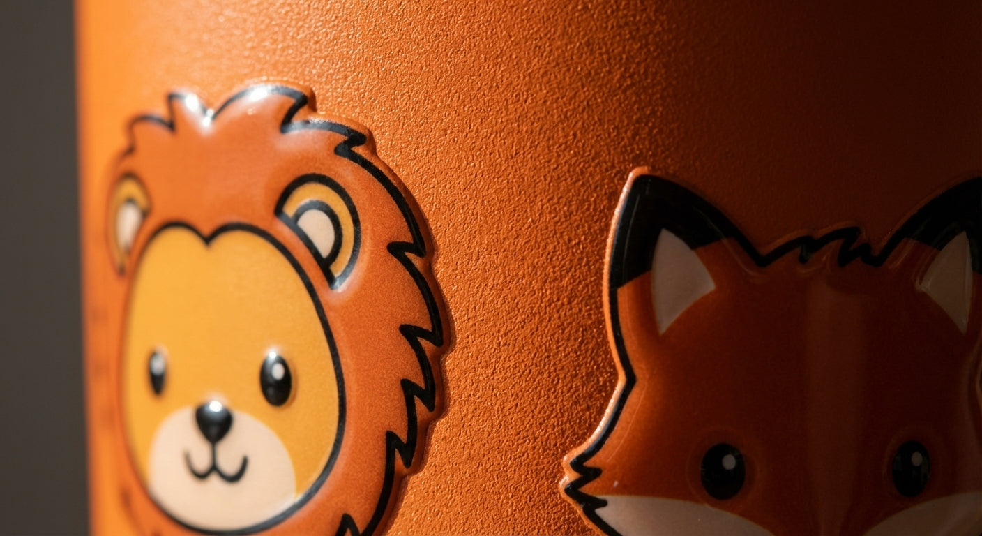 Detail shot - LAMOSE Logan Pro 16 oz tumbler featuring a bright orange background with cartoon lion, bear, fox, and panda faces.