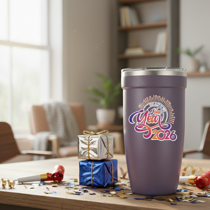 Matte purple Peyto 16oz tumbler featuring gradient Happy New Year 2026 typography, confetti graphics, and a silver rim.