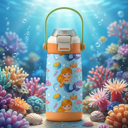 LAMOSE Goose 14oz kids water bottle featuring a playful pattern of cartoon mermaids, jellyfish, and coral on a blue background with orange and green accents.