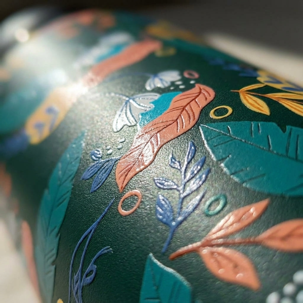 Detail shot - LAMOSE Grouse 34 oz insulated bottle featuring a dark green background with a vibrant pattern of peach, yellow, and green stylized leaves.