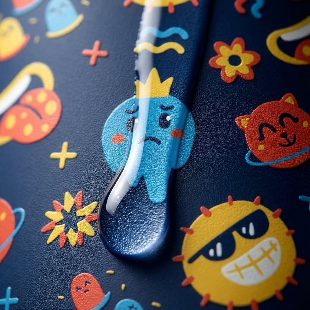 Detail shot - LAMOSE Goose 14oz kids water bottle with dark blue sleeve featuring colorful cartoon doodles, yellow suns, and playful ghost characters.