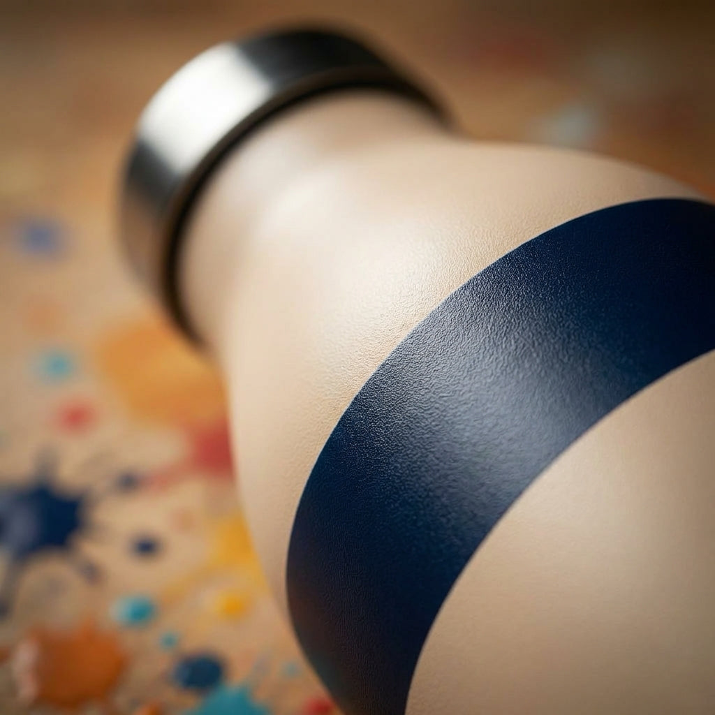 Detail shot - Robson 21 oz insulated bottle with matte beige, navy, and orange abstract wave pattern sitting on a wooden art studio desk surrounded by paintbrushes.