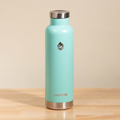 LAMOSE Moraine 27oz insulated stainless steel bottle, turquoise matte finish, front view with drop logo and metallic lid.