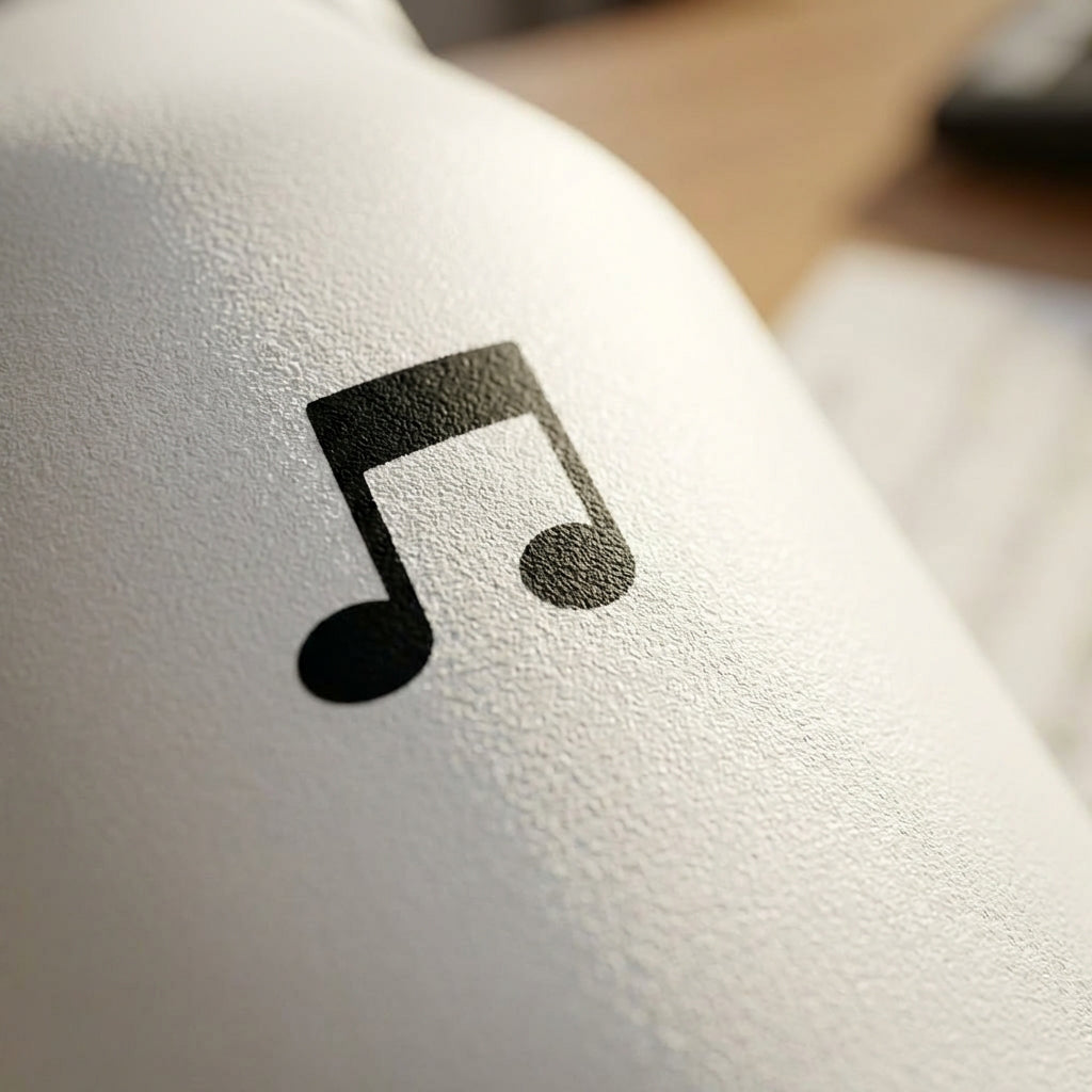Detail shot - Grouse 34 oz insulated white tumbler featuring a pattern of black musical notes and symbols sitting on a piano bench.