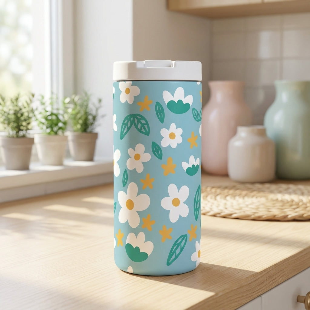 LAMOSE Grouse 12 oz insulated tumbler in light blue featuring a pattern of white daisies with yellow centers, green leaves, and stars.