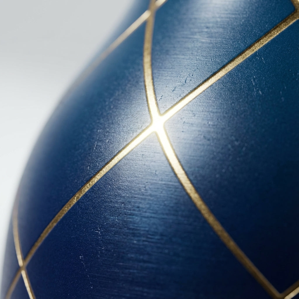 Detail shot - LAMOSE Robson 21 oz insulated water bottle in dark navy blue with gold diamond pattern sitting on a modern office desk next to a laptop.