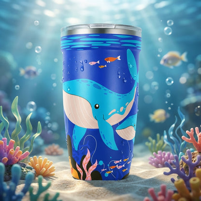 Dark blue LAMOSE Peyto 16 oz tumbler featuring a playful illustration of two whales, orange fish, and a colorful coral reef base.