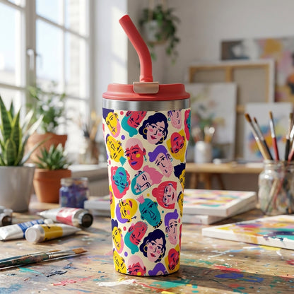 LAMOSE Bow 16oz insulated tumbler featuring a colorful pattern of stylized abstract faces on an off-white background with a coral pink lid and straw