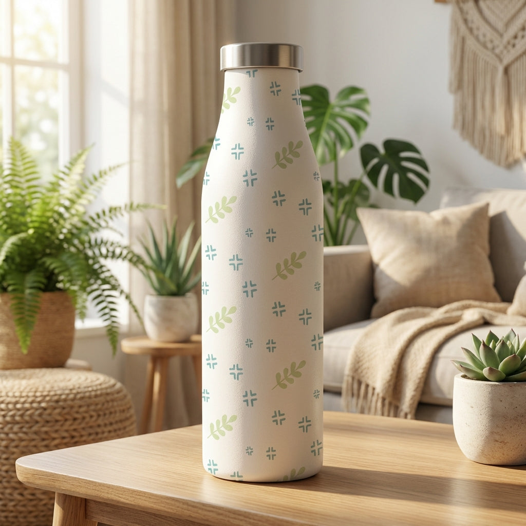 Robson 21 oz cream stainless steel bottle with green leaves and teal geometric crosses pattern standing on a wooden surface with plants in background