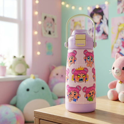 LAMOSE Goose 14oz kids water bottle featuring cute cartoon anime girl faces with different emotions on a pink grid background with purple lid.