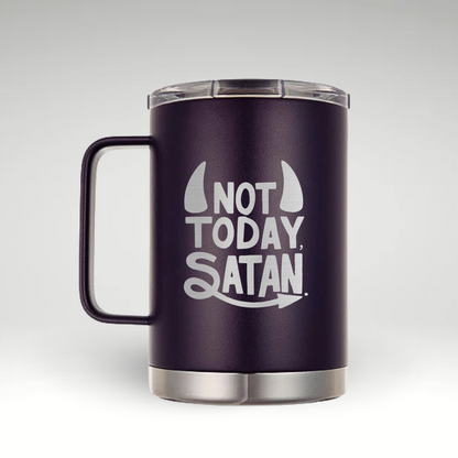 Bold Not Today, Satan Insulated Mug Insulated mug with bold Not Today, Satan text and playful horn graphics on a puple mug. 