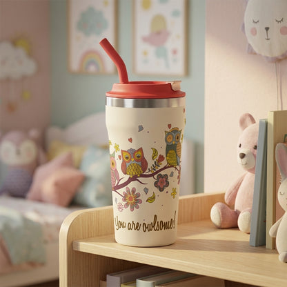 Beige 16oz stainless steel tumbler featuring colorful owls on a branch illustration with 'You Are Owlsome' text and matching coral red straw.