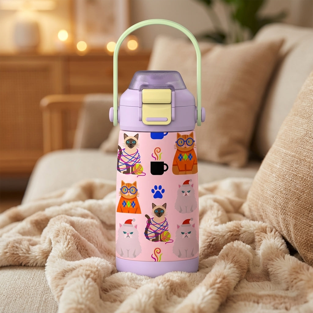 LAMOSE Goose 14oz light pink water bottle featuring cartoon cats in Santa hats, coffee cups, and yarn on a textured tan blanket.
