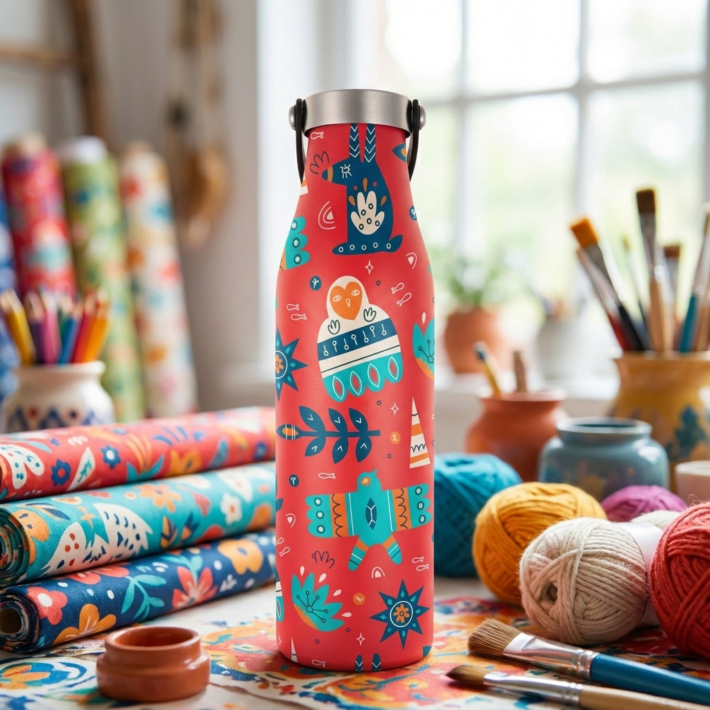 Robson 21 oz water bottle featuring a vibrant red background with teal and orange folk art patterns of birds and flowers, set amongst art supplies.