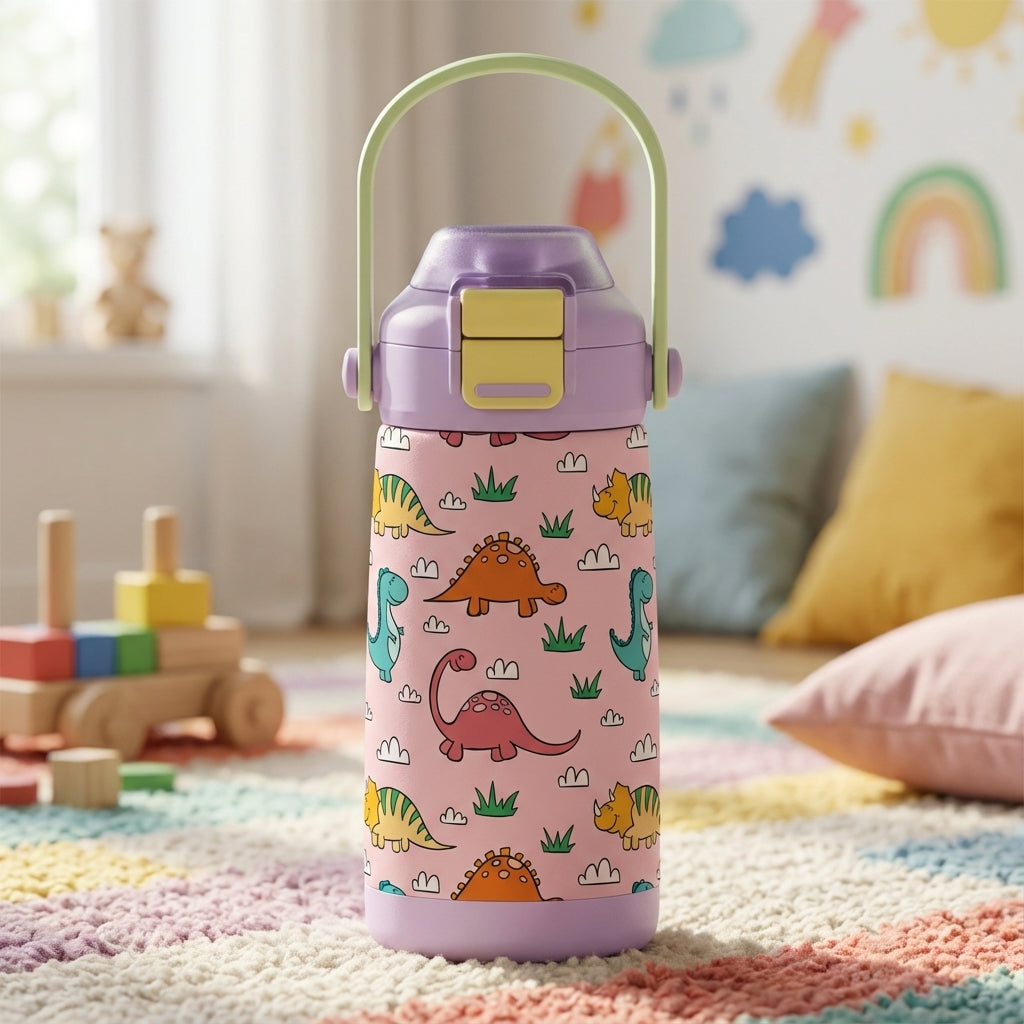Light pink 14 oz insulated water bottle for kids featuring a pattern of colorful cartoon dinosaurs, clouds, and grass, with a light purple lid and pastel green handle.
