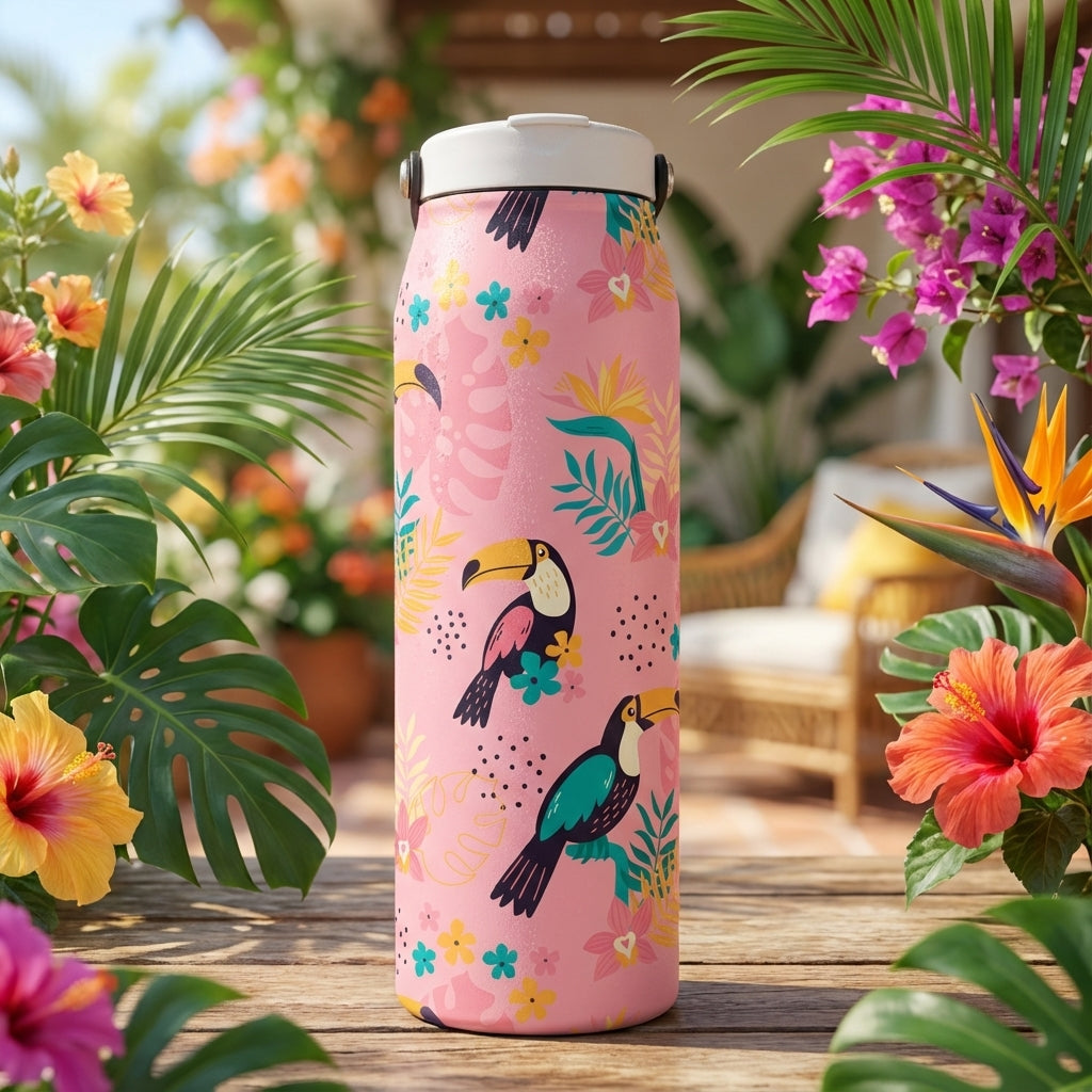 Grouse 34 oz insulated tumbler featuring a pink background with toucans, teal flowers, and green palm leaves