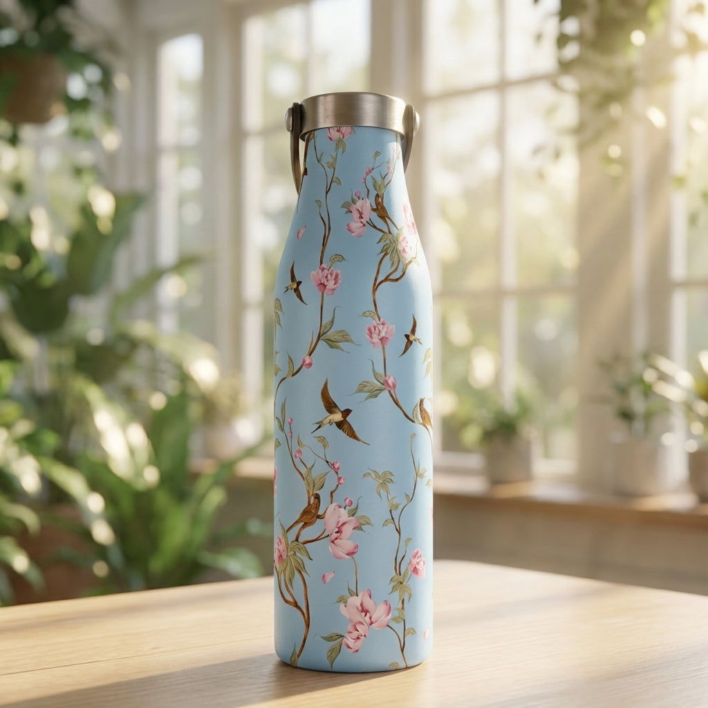 Robson 21 oz insulated water bottle featuring a light blue background with pink cherry blossoms and brown birds, sitting on a sunlit wooden table.