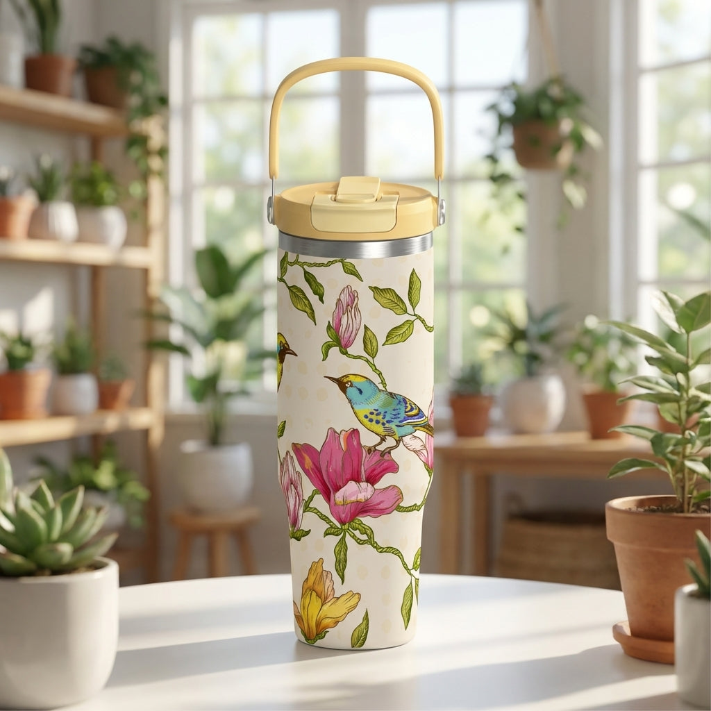 LAMOSE Cascade 40 oz tumbler in beige featuring a pink floral and colorful bird pattern with a yellow lid and handle