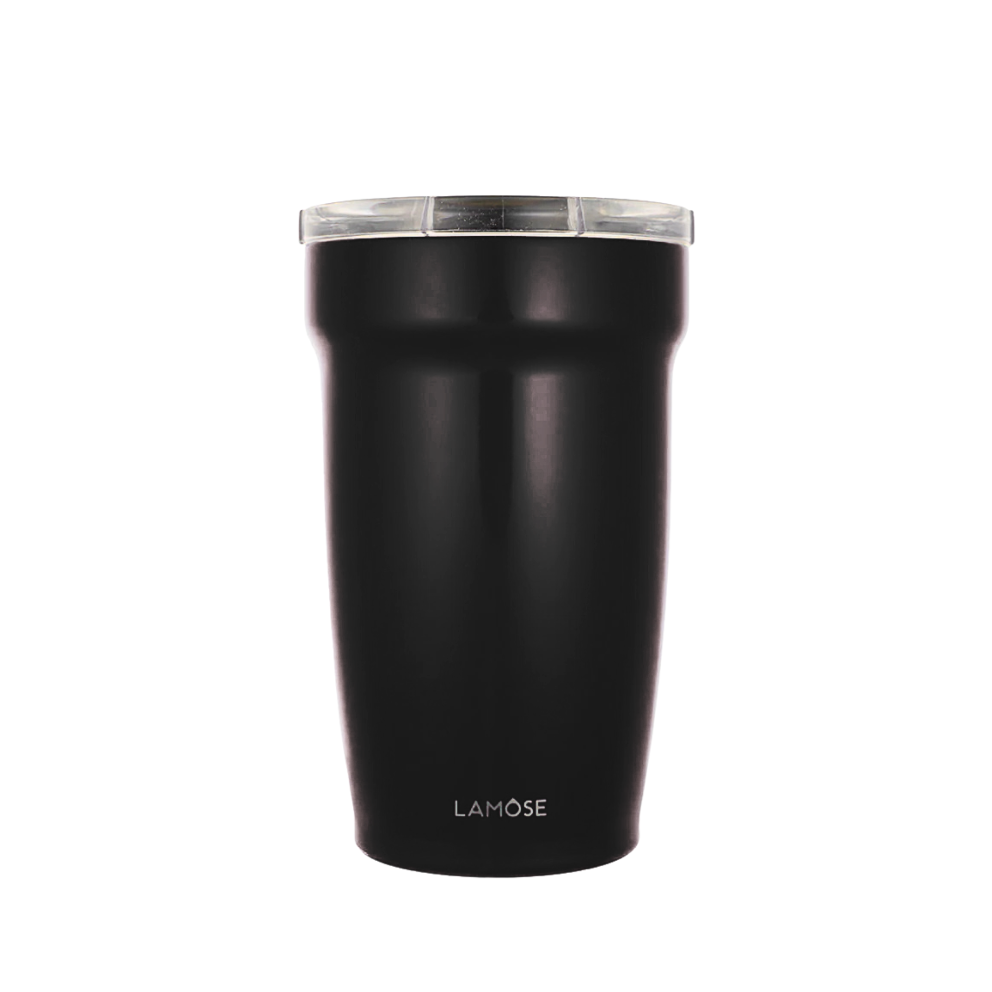 LAMOSE Peyto Pro enamel-coated 12 oz tumbler in onyx black with a clear lid, standing upright. Perfect for hot or cold drinks.
