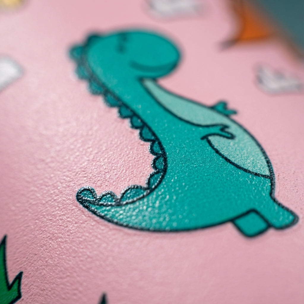 Detail shot - Light pink 14 oz insulated water bottle for kids featuring a pattern of colorful cartoon dinosaurs, clouds, and grass, with a light purple lid and pastel green handle.