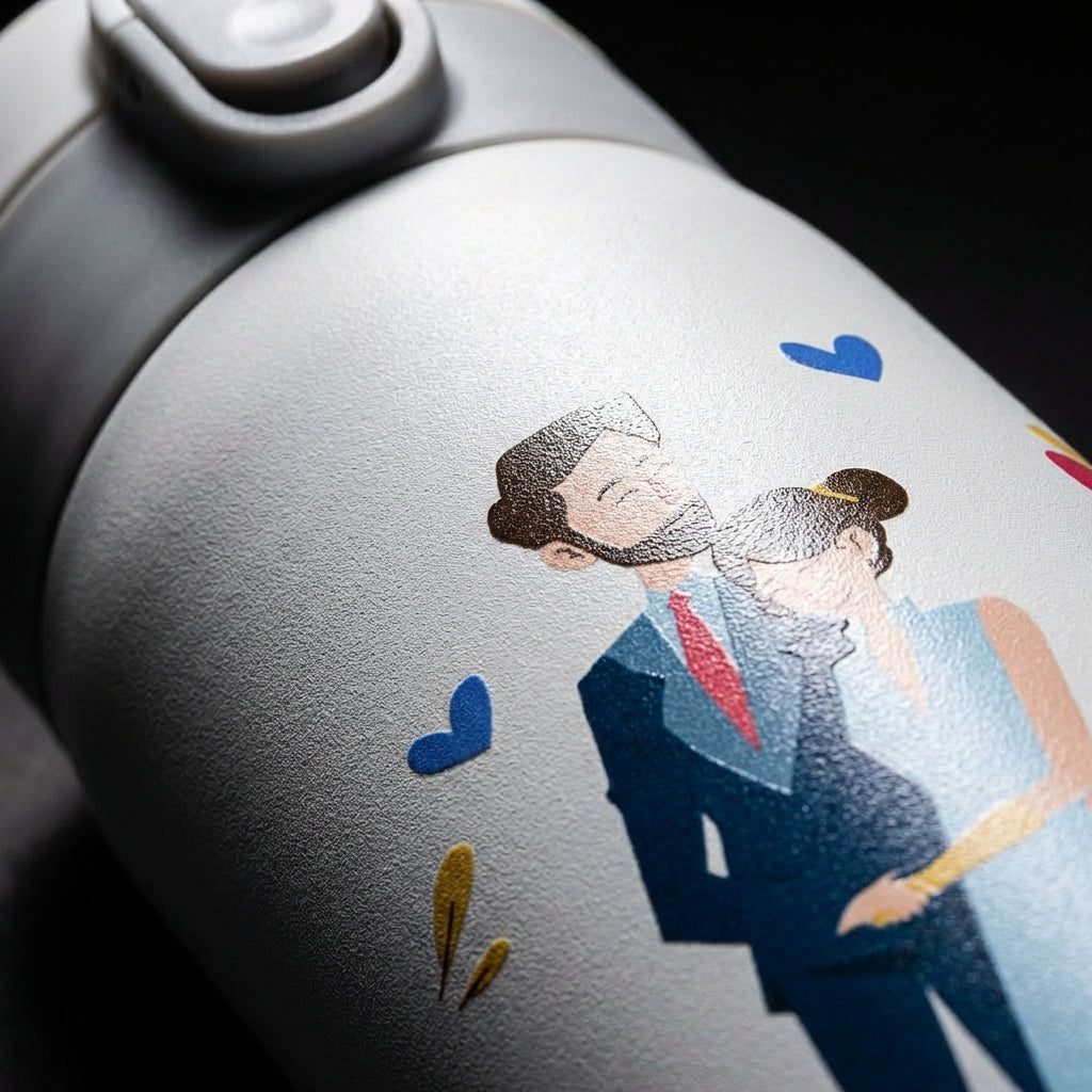 Detail shot - White LAMOSE Emerald 16oz tumbler featuring a printed illustration of a couple in wedding attire embracing, surrounded by blue and yellow hearts.