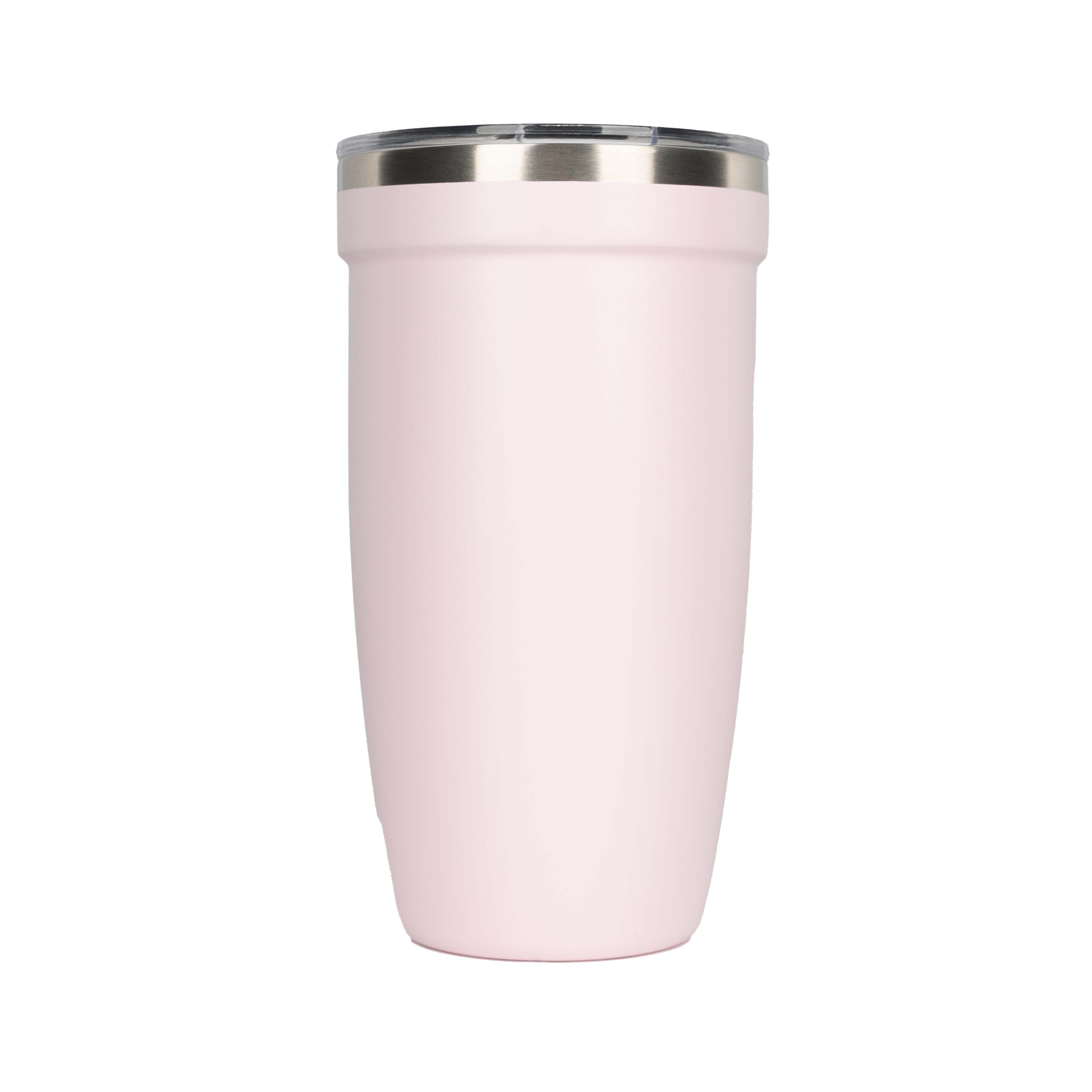 LAMOSE Peyto 16 oz baby pink stainless steel tumbler with a sleek body, metallic rim, and clear lid, shown from the back.