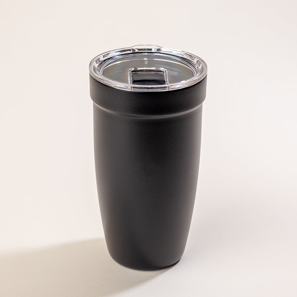 LAMOSE Peyto ceramic 16 oz tumbler in Onyx black, upright front view with clear lid and black sipper, matte ceramic-coated finish.
