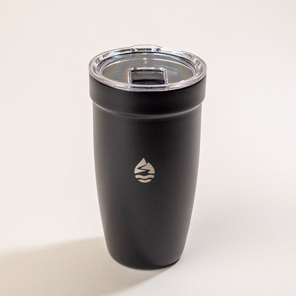 LAMOSE Peyto Ceramic 16 oz insulated tumbler in matte onyx black, with clear lid and iconic brand logo, front view.