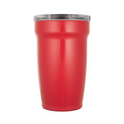 LAMOSE Peyto Pro Enamel 12 oz ruby red stainless steel tumbler with a clear lid, upright front view.
