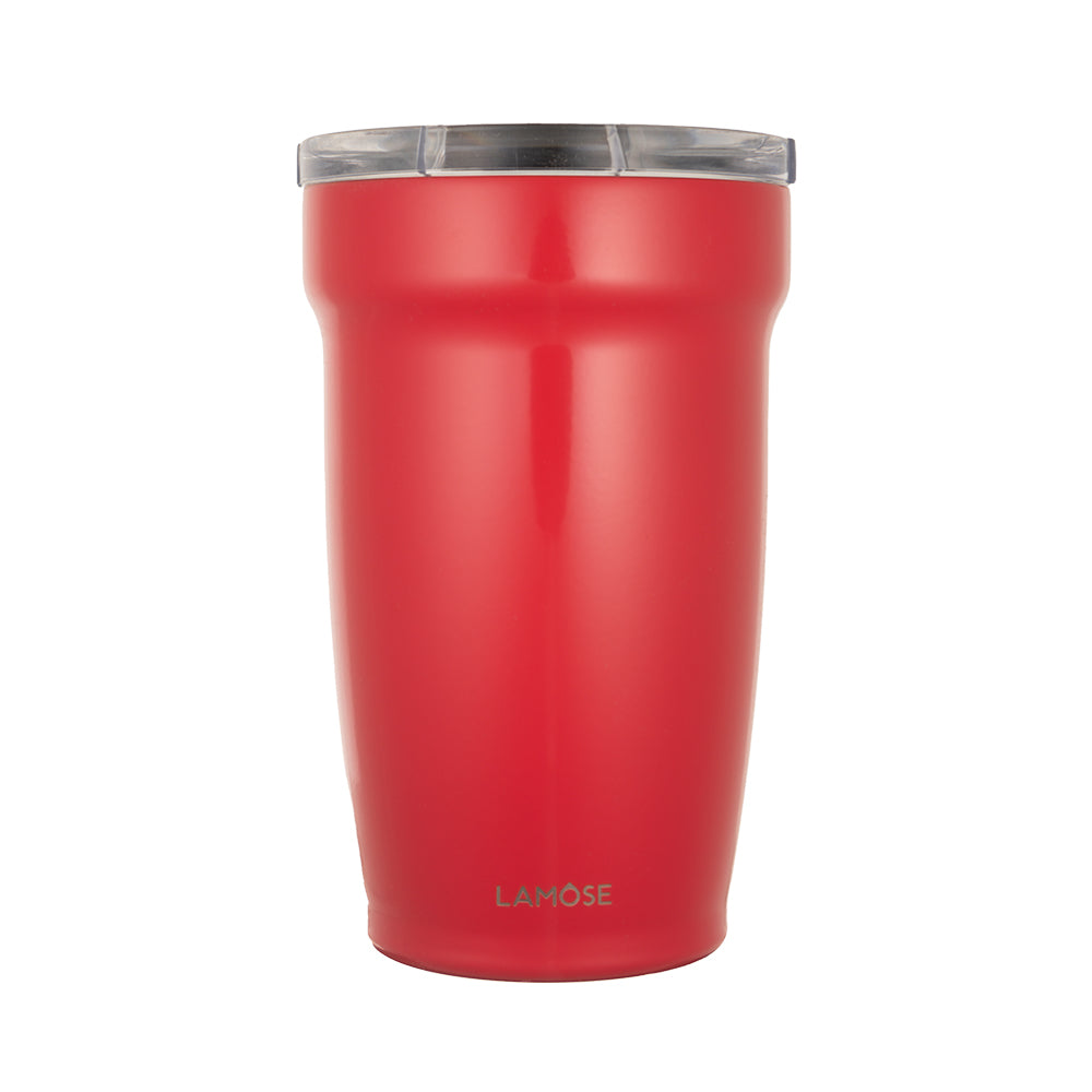 LAMOSE Peyto Pro Enamel 12 oz ruby red stainless steel tumbler, front view, with clear splash-proof lid & logo.
