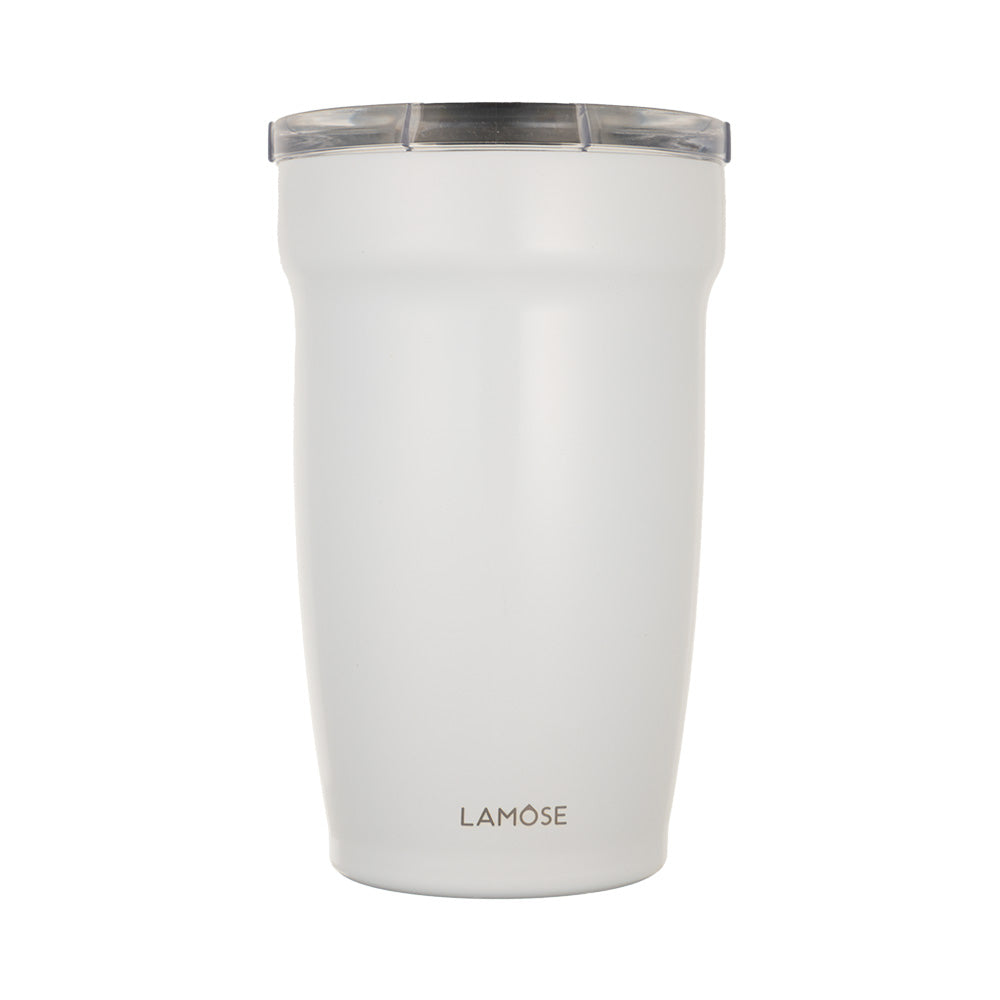 LAMOSE Peyto Pro Enamel 12oz stainless steel tumbler in snow white, front view, with clear splash-proof lid.
