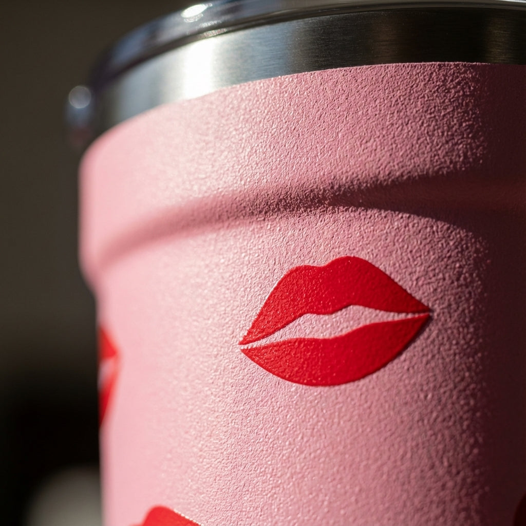 Detail shot - Pink Peyto 16oz insulated tumbler with red lips and hearts pattern sitting on a wooden bedside table with soft pillows in background.