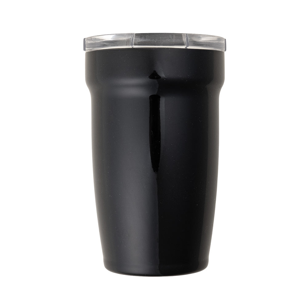 LAMOSE Peyto Pro 12 oz black enamel-coated stainless steel tumbler, front view, with a clear lid and glossy finish, isolated on white.
