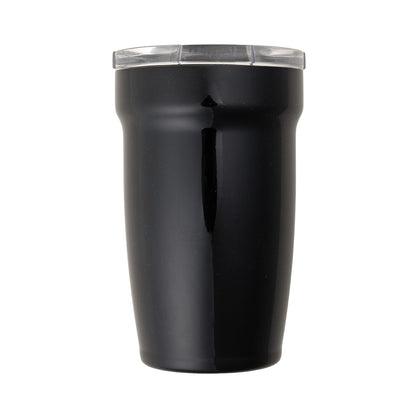 LAMOSE Peyto Pro 12 oz black enamel-coated stainless steel tumbler, front view, with a clear lid and glossy finish, isolated on white.
